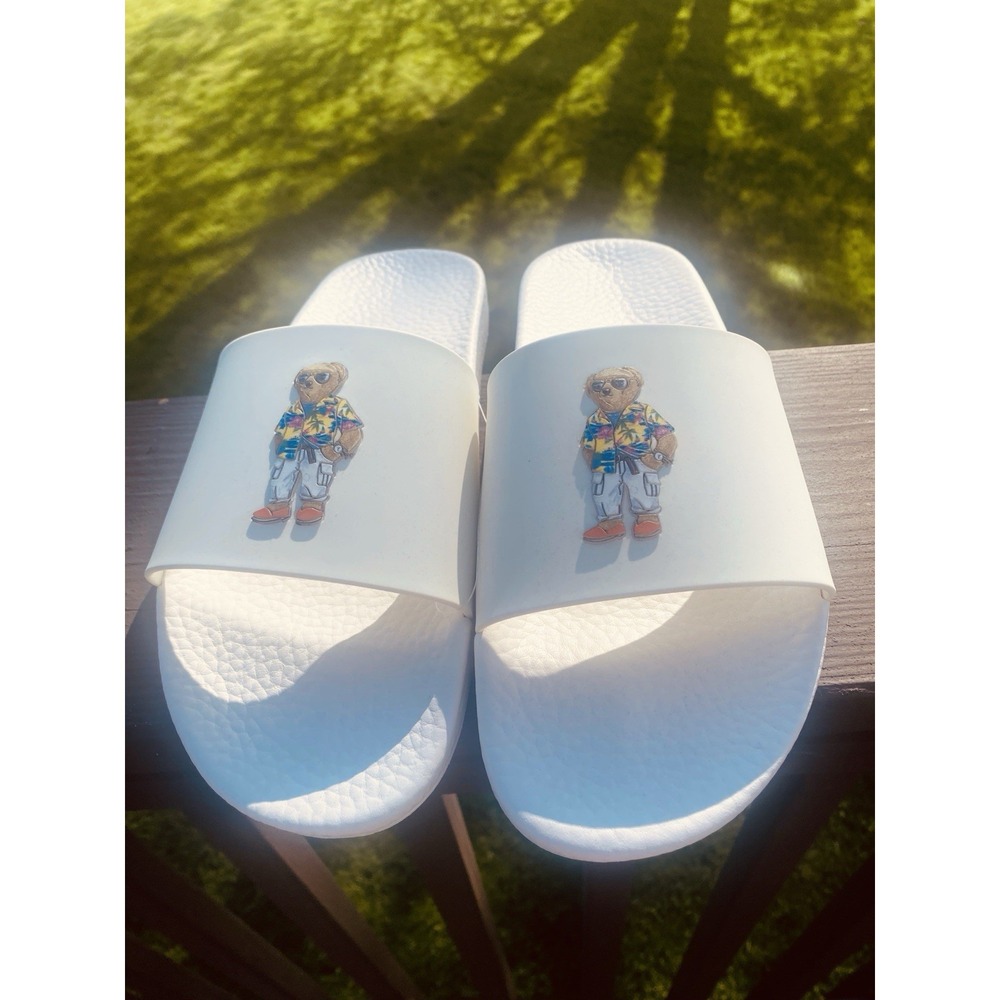 New Polo Ralph Lauren Men's Slides White Heritage Beach Polo Bear Hawaiian 13
